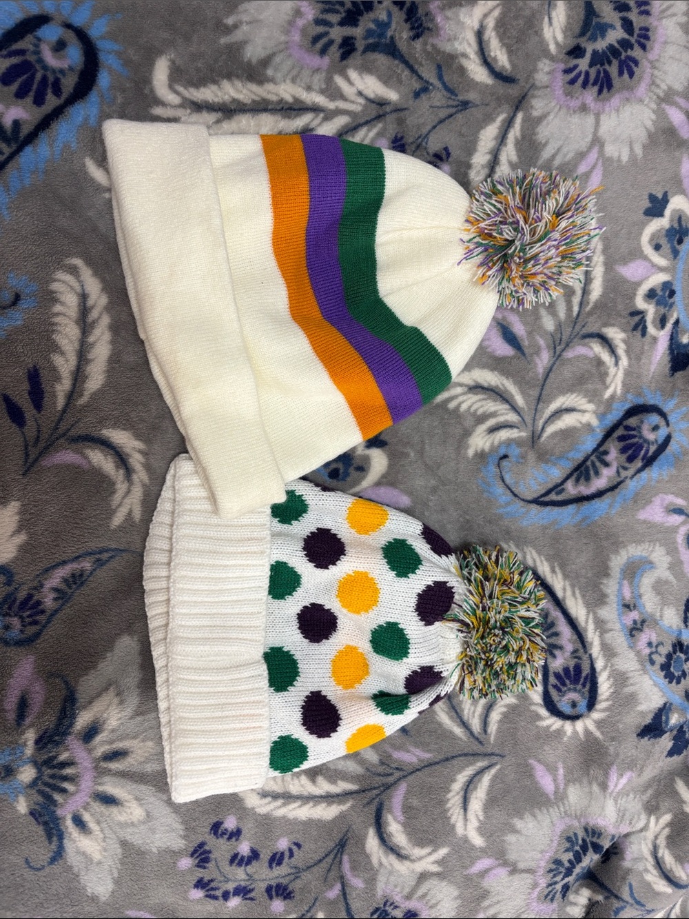 Pom Pom beanies-white/cream with Green, Purple & Yellow
